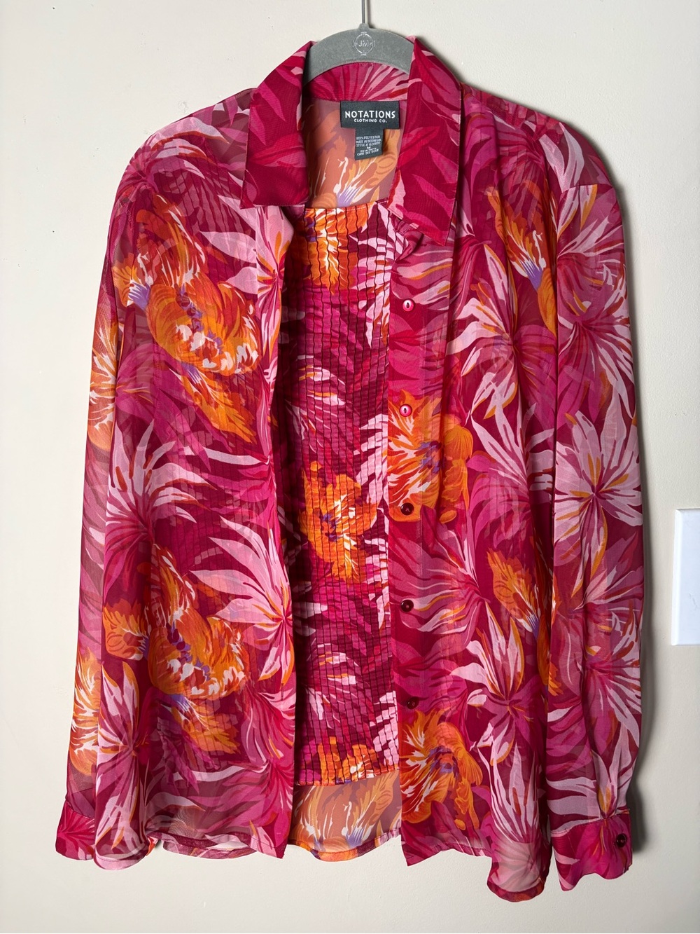 Notations Fuchsia & Orange Floral Sheer Button-Front Jacket M